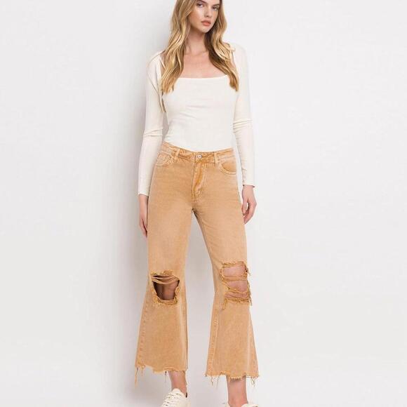 Denim - Vervet Kiss Of California - Super High Rise 90's Vintage Crop Flare Jeans Tan